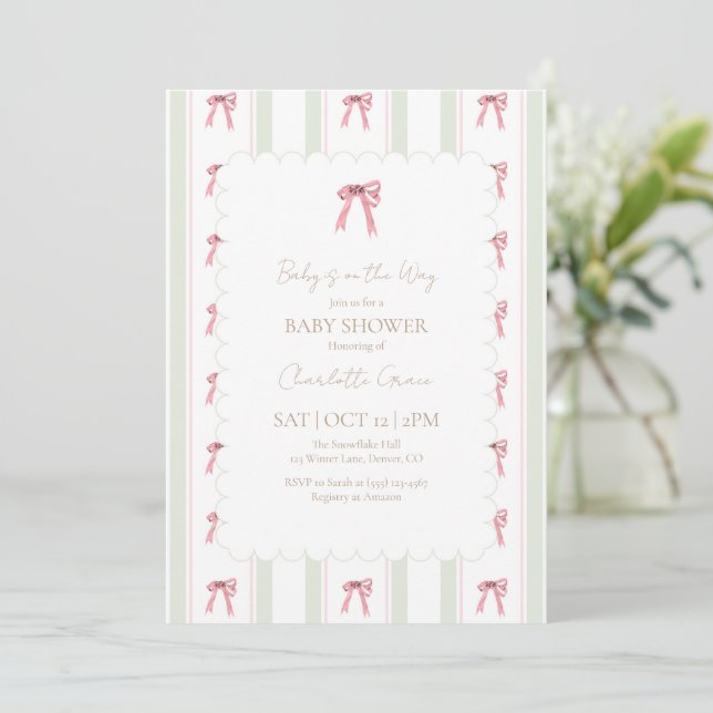 Holiday Pink Bow Baby Dusche Einladung (Stehend Vorderseite)