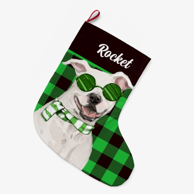 Holiday Pit Bull und Green Kariert Dog's Name Großer Weihnachtsstrumpf (Vorderansicht (hängend))