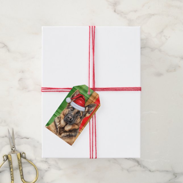 Holiday Plaid and German Shepherd Dog Christmas Geschenkanhänger (Mit Garn)