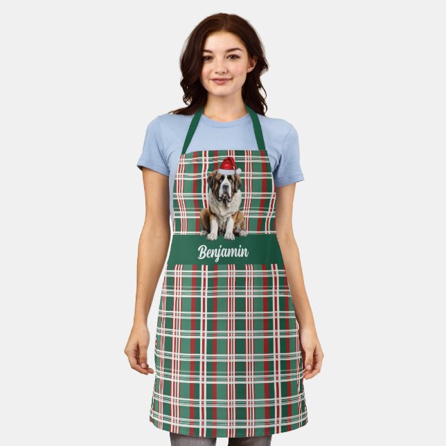 Holiday Plaid Saint Bernard Santa Dog Christmas Schürze (Getragen)