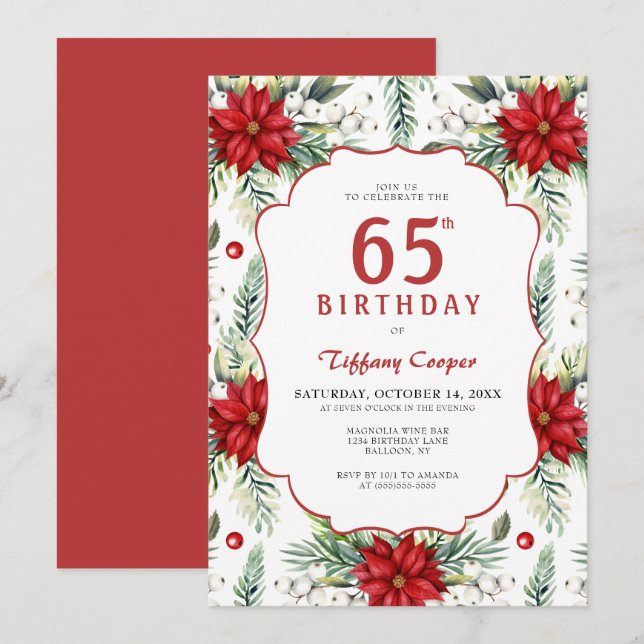 Holiday Poinsettia 65. Geburtstag Einladung (Vorne/Hinten)