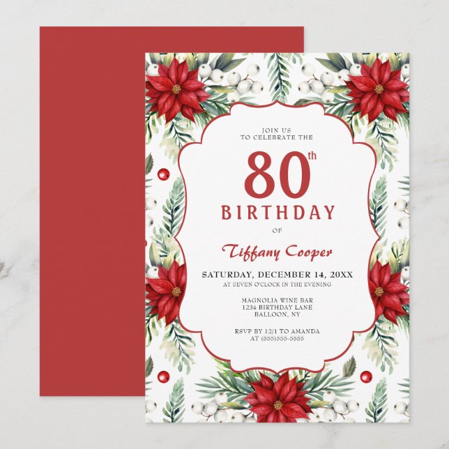 Holiday Poinsettia 80. Geburtstag Einladung (Vorne/Hinten)