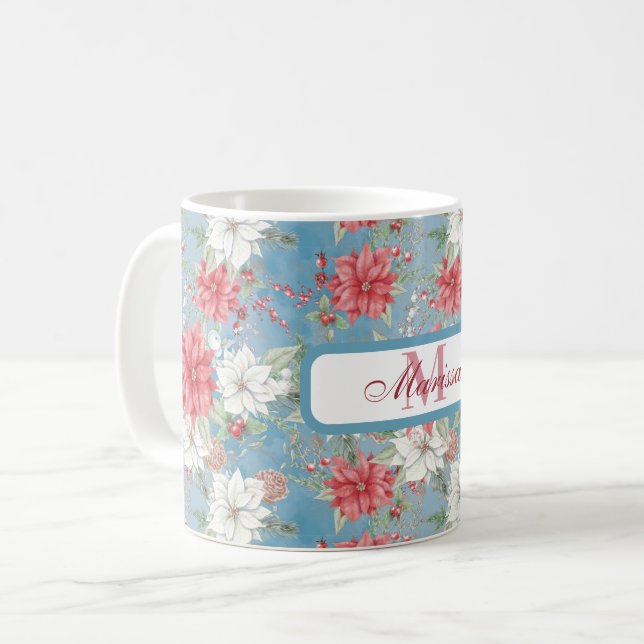 Holiday Poinsettia Floral Tasse Blue Personalisier (Vorderseite Links)