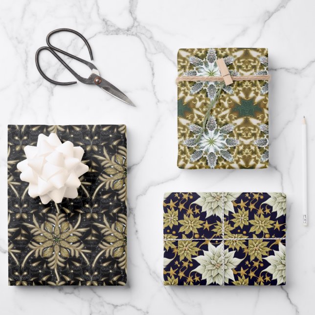 Holiday Poinsettia Fraktal Pattern Geschenkpapier Set (Vorderseite)