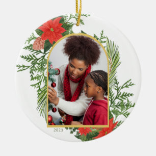 Holiday Poinsettia und Greenery Foto Keramik Ornament