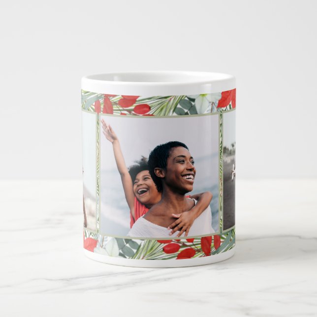 Holiday Poinsettia und Grüne Drei Foto Jumbo-Tasse (Vorderseite)