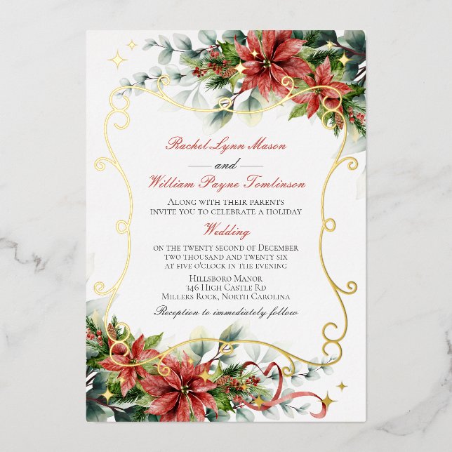 Holiday Poinsettia Wedding Folieneinladung (Vorderseite)