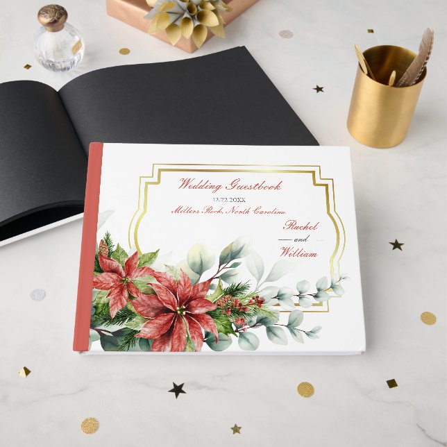 Holiday Poinsettia Wedding Guestbook Gästebuch (Vorderseite Offen)