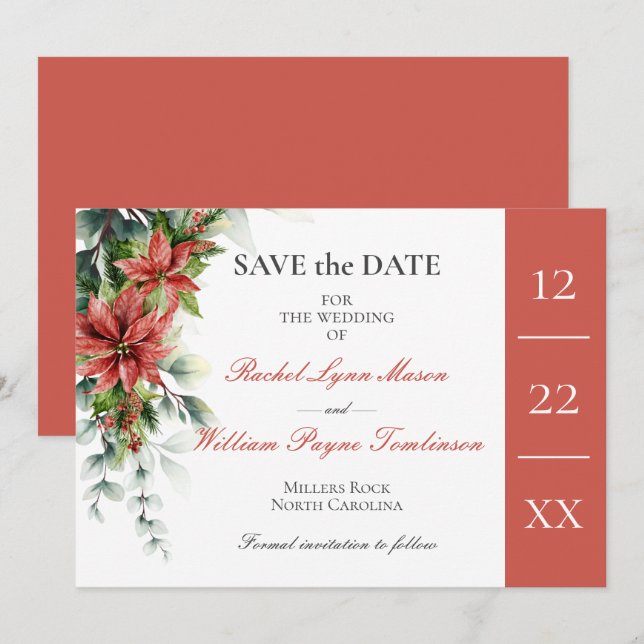 Holiday Poinsettia Wedding Save the Date Card Einladung (Vorne/Hinten)