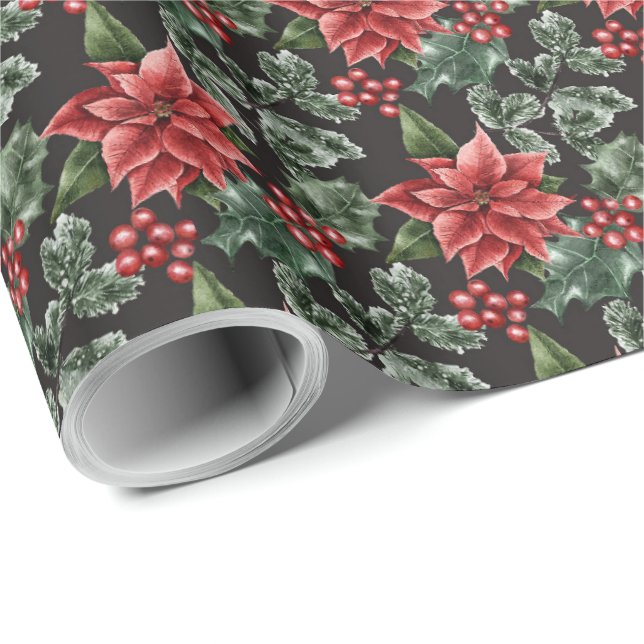 Holiday Poinsettias Holly Berries und Blätter Geschenkpapier (Rolleneckpunkt)