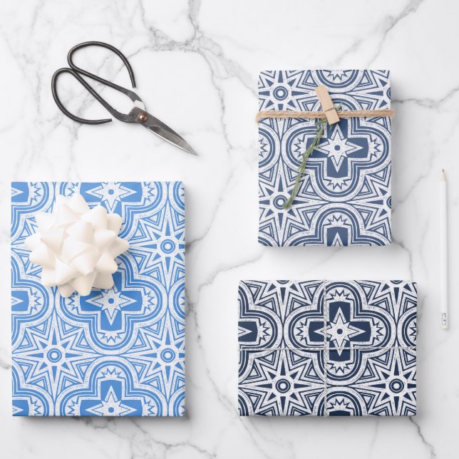 Holiday Quatrefolie in Blautönen Geschenkpapier Set (Vorderseite)