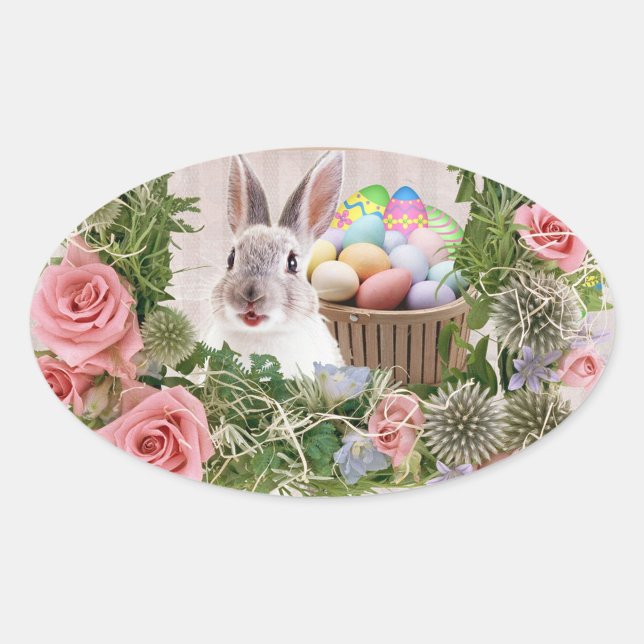 Holiday Rabbit Ovaler Aufkleber (A charming scene unfolds as a fluffy rabbit peeks playfully from a lush floral arrangement.)