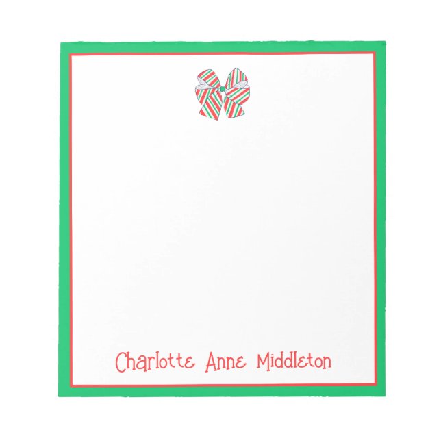 Holiday Red and Green Strip Bow Personalisiert Notizblock (Vorderseite)