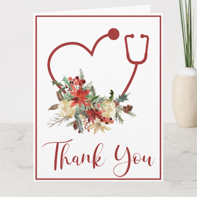 Holiday Red Floral Stethoscope Herzlichen Dank Dankeskarte (Vorderseite)