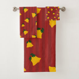 Holiday Red Gold Stripe Bells Christmas Badhandtuch Set