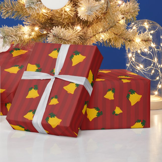 Holiday Red Gold Stripe Bells Christmas Geschenkpapier (Feiertage)