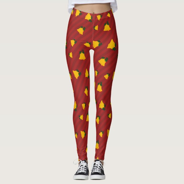 Holiday Red Gold Stripe Bells Christmas Leggings (Vorderseite)