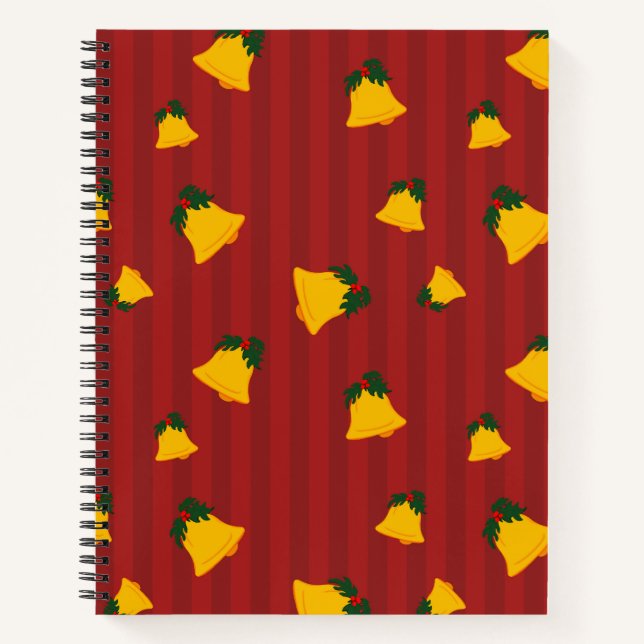 Holiday Red Gold Stripe Bells Christmas Notizbuch (Vorderseite)