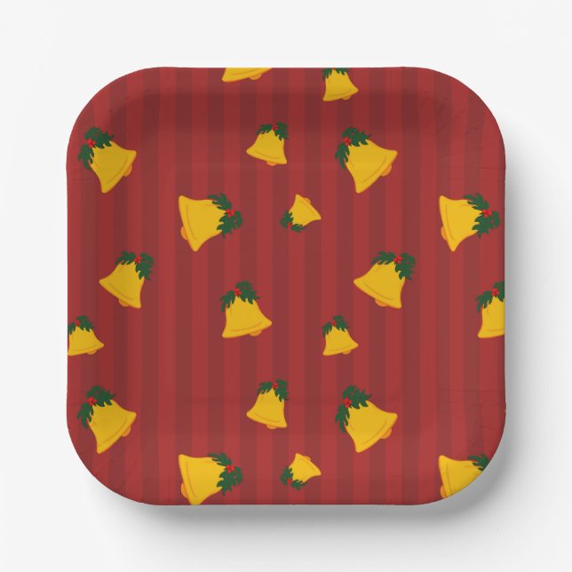 Holiday Red Gold Stripe Bells Christmas Pappteller (Vorderseite)