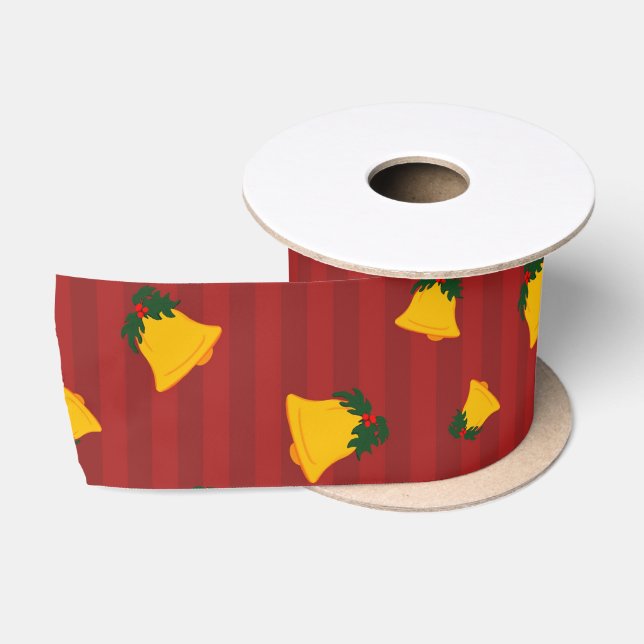 Holiday Red Gold Stripe Bells Christmas Satinband (Spule)