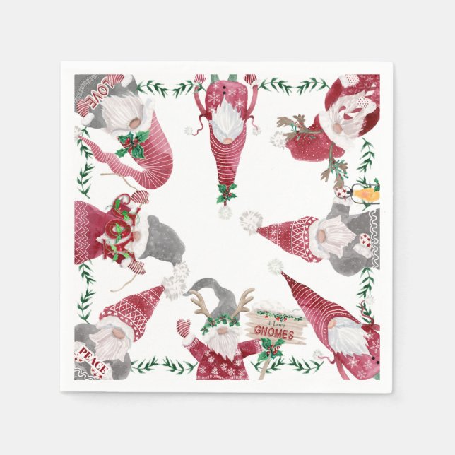 Holiday Red Gray Gnomes Weihnachts-Party Wasserfar Serviette (Vorderseite)