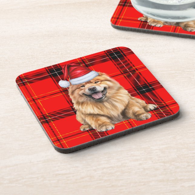 Holiday Red Kariert Chow Chow Santa Dog Getränkeuntersetzer (Linke Seite)