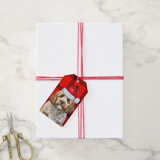 Holiday Red Kariert Cockapoo Santa Dog Weihnachten Geschenkanhänger (Mit Garn)