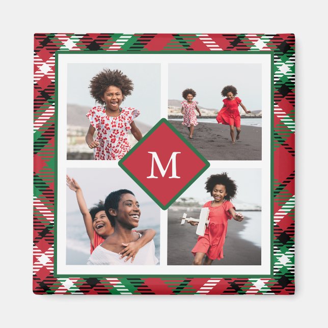 Holiday Red Kariert Foto Collage und Monogram Magnet (Vorne)