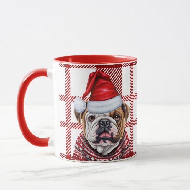 Holiday Red Kariert und Bulldog in einem Hut Weihn Tasse (Links)