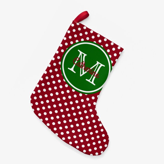 Holiday Red und Green Polka Dot Monogramm Kleiner Weihnachtsstrumpf (Vorderansicht (hängend))