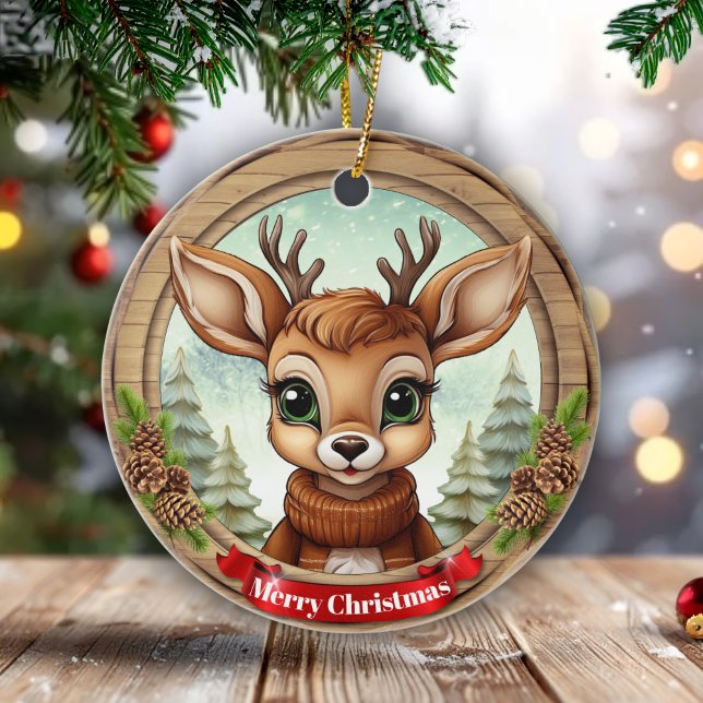 Holiday Reindeer Festive Rustic Christmas 🦌🎄 Keramik Ornament (Customizable Festive Rustic Pinecone Wooden Frame Holiday Reindeer Christmas Ceramic Ornament 🦌🎄)