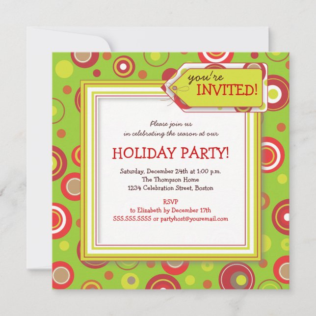 Holiday Retro Red & Green Polka Dot Party Einladung (Vorderseite)