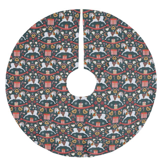 Holiday rocking horses Dark Blue Tree Skirt Polyester Weihnachtsbaumdecke (Vorderseite)