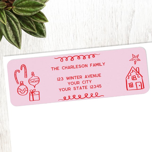 Holiday Scribble Doodle Rosa Rücksendeadresse (Fun holiday doodle scribble illustration Christmas personalized return address label)