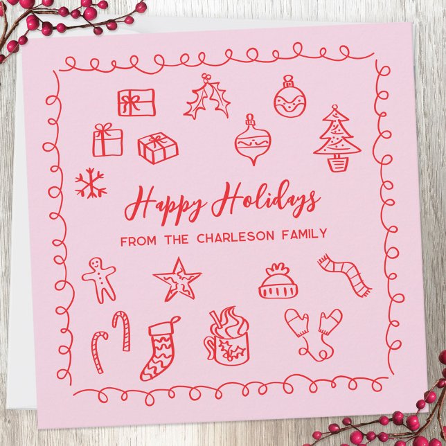 Holiday Scribble Doodle Rot und Rosa Karte (Fun scribble doodle personalized Christmas holiday card)