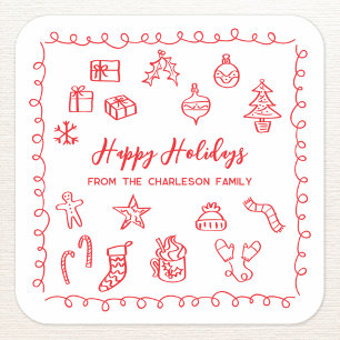 Holiday Scribble Illustration Doodle Red and White Quadratischer Aufkleber