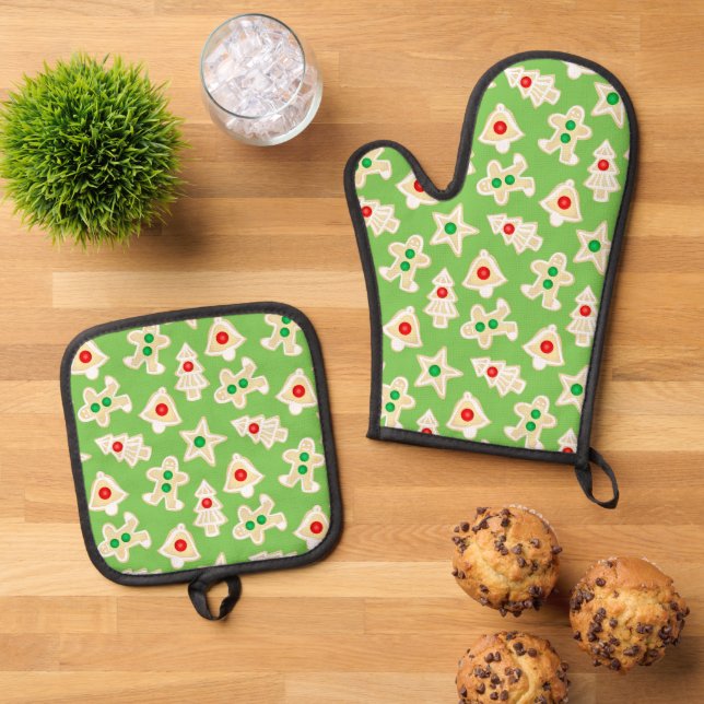 Holiday Shortbrett Cookies Grün Weihnachten Ofenhandschuh & Topflappen-Set (Oben Unten)