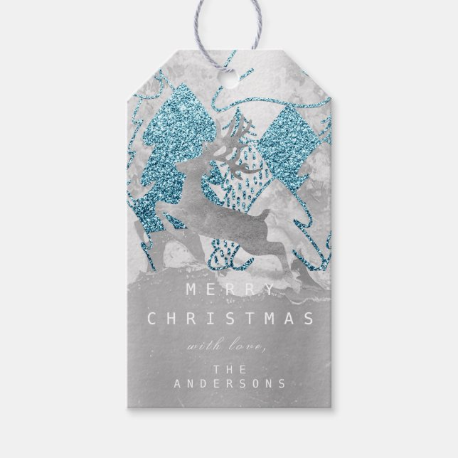 Holiday Silver Blue Grau Weihnachtsgrundel Reindee Geschenkanhänger (Vorderseite)