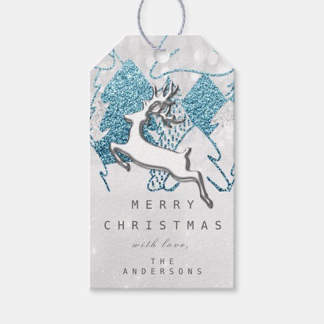 Holiday Silver Blue Grau Weihnachtsmann Rentier 3D Geschenkanhänger (Vorderseite)