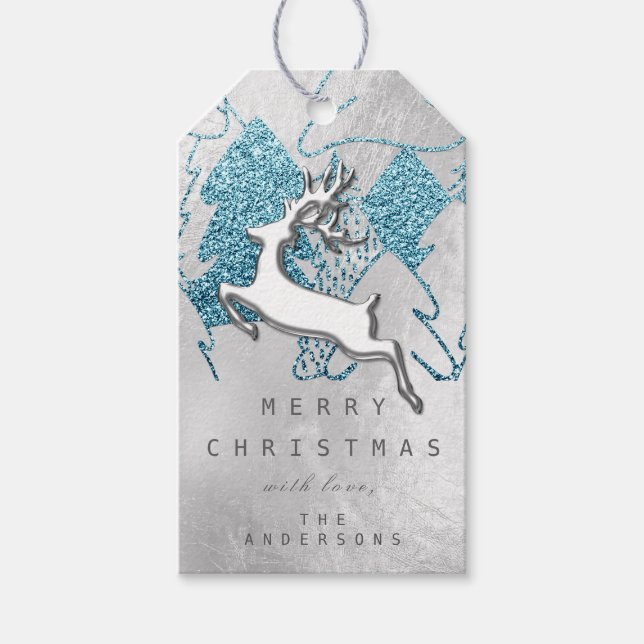 Holiday Silver Blue Grau Weihnachtsmann Rentier 3D Geschenkanhänger (Vorderseite)