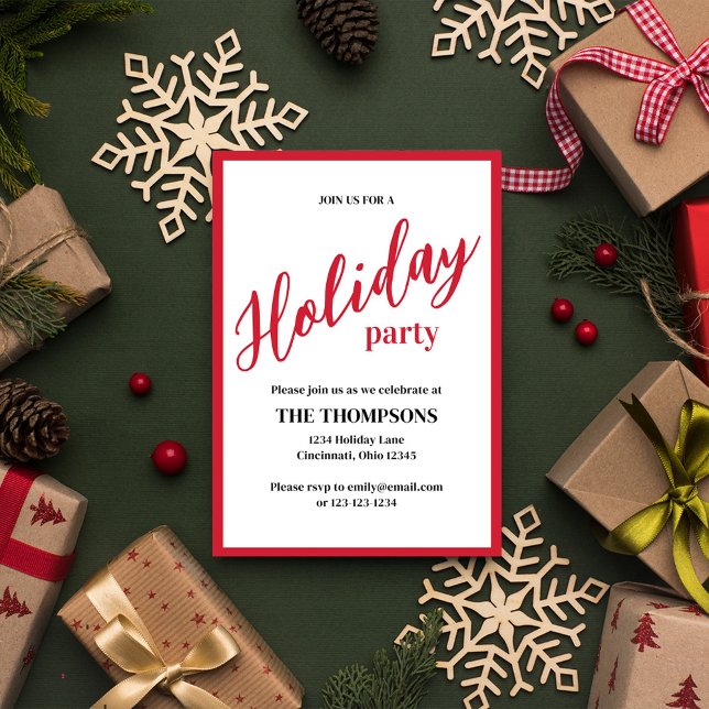 Holiday Simple Niedlich Calligraphy Script Minimal Einladung (Holiday calligraphy script party invitation with simple minimalist red lettering.)