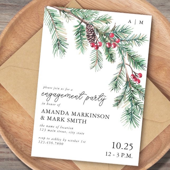 Holiday Simple Pine Branch Engagement Party Einladung (Von Creator hochgeladen)