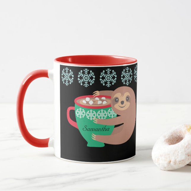 Holiday Sloth Personalisiert Black Red Tasse (Mit Donut)