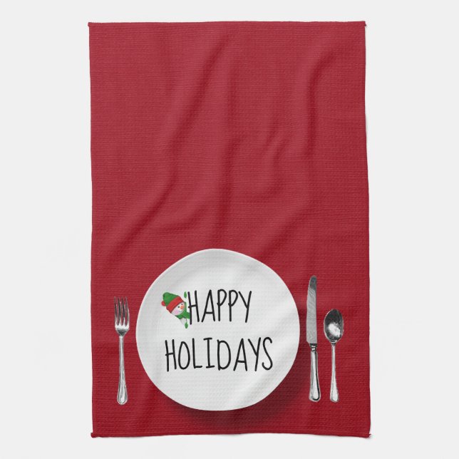 Holiday Snowman on White Plate Geschirrtuch (Vertikal)