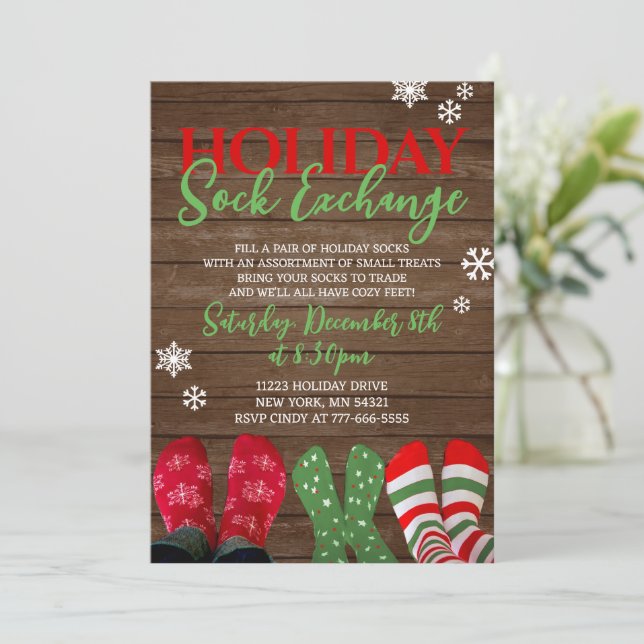 Holiday Sock Exchange - Weihnachtsfeiertag Party Einladung (Stehend Vorderseite)