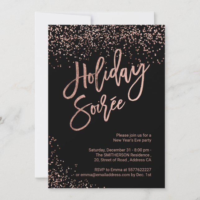 Holiday Soirée Drehbuch Rose Gold Schwarz Neujahr Einladung (Vorderseite)
