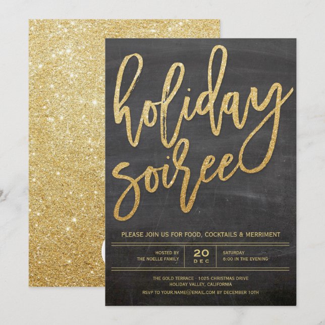 Holiday Soiree Glitzer Chalkboard Party Einladung (Vorne/Hinten)