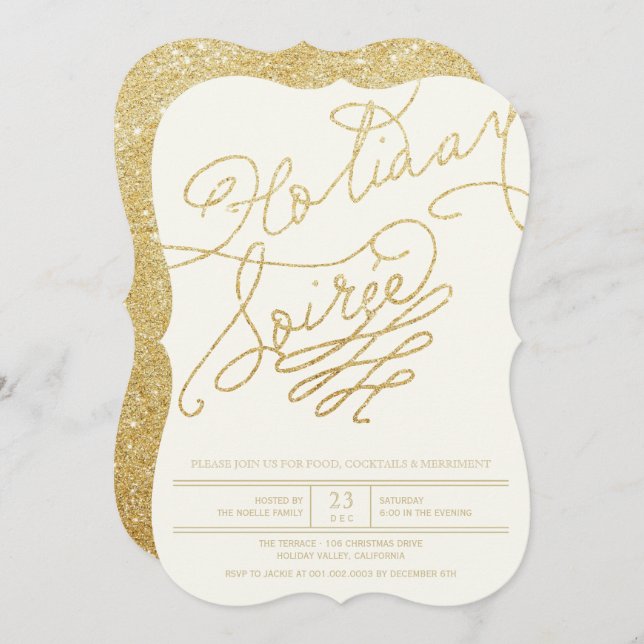 Holiday Soiree Gold Glitzer Script Party Einladung (Vorne/Hinten)