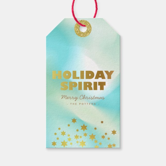 Holiday Spirit | Grüne Pastel und Gold Geschenkanhänger (Vorderseite)