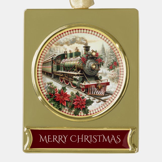 Holiday Steam Train in Snowy Woods Banner-Ornament Gold (Vorderseite)